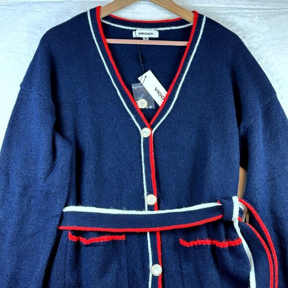 Vigoss Navy Longline Belted Cardigan Sz M Pearl Gold Buttons Nautical Trim NWT - Picture 6 of 8